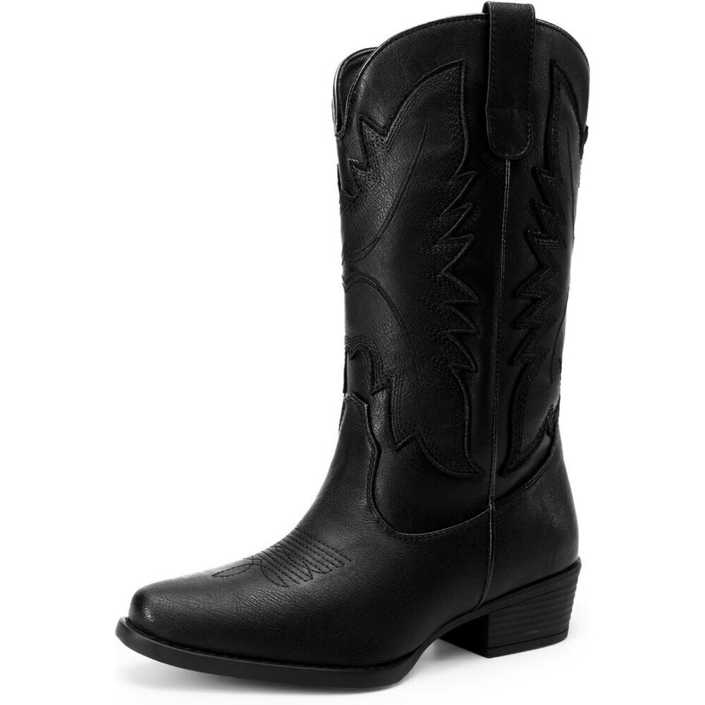 Women's Black Embroidered Stitched Chunky Mid Calf Snip Toe Heel Fashion Boot